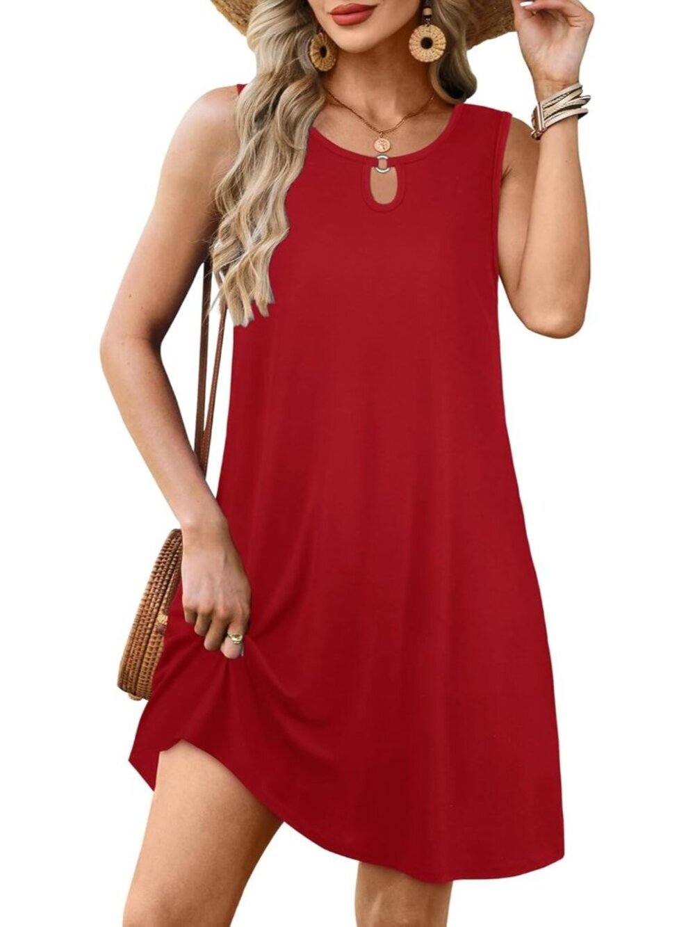 Women's Red Sleeveless Crew Neck Sundress Casual Loose Cover Up Tank Dress